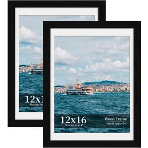 12x16 Picture Frame Set of 2, Wood Frame with Real Glass, Wide Border | Displays 11x14 with Mat or 12x16 without Mat, Horizontal or Vertical Wall Mount, Matte Black for Gallery Walls