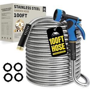 Lefree 100ft Metal Garden Hose - Heavy Duty 304 Stainless Steel Flexible Water Hose, No Kinks & Leak-Proof with Upgraded Handle, 10-Function Spray Nozzle & 4 Spare Gaskets for Yard, RV, Pet Bath (Silver)