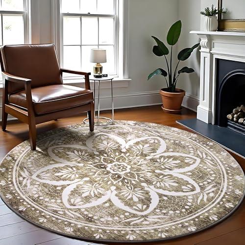 Carvapet 36 inch/91 cm Washable Round Rugs - Vintage Circle Rug, Non Slip Rubber Backing Foldable Low Pile for Living Room Bedroom, 3 ft Brown Rug