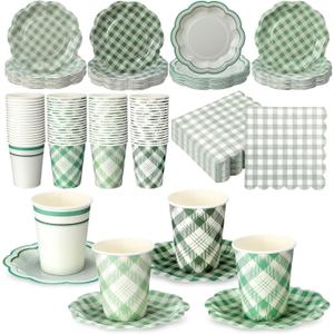 Yungyan 216 Pcs 72 Guests Sage Green Gingham Party Supplies 6 Inch Plaid Paper Plates and 9 oz Cups and Napkins Tableware Set for Birthday Bridal Shower BBQ Picnic Party Supplies Decoration