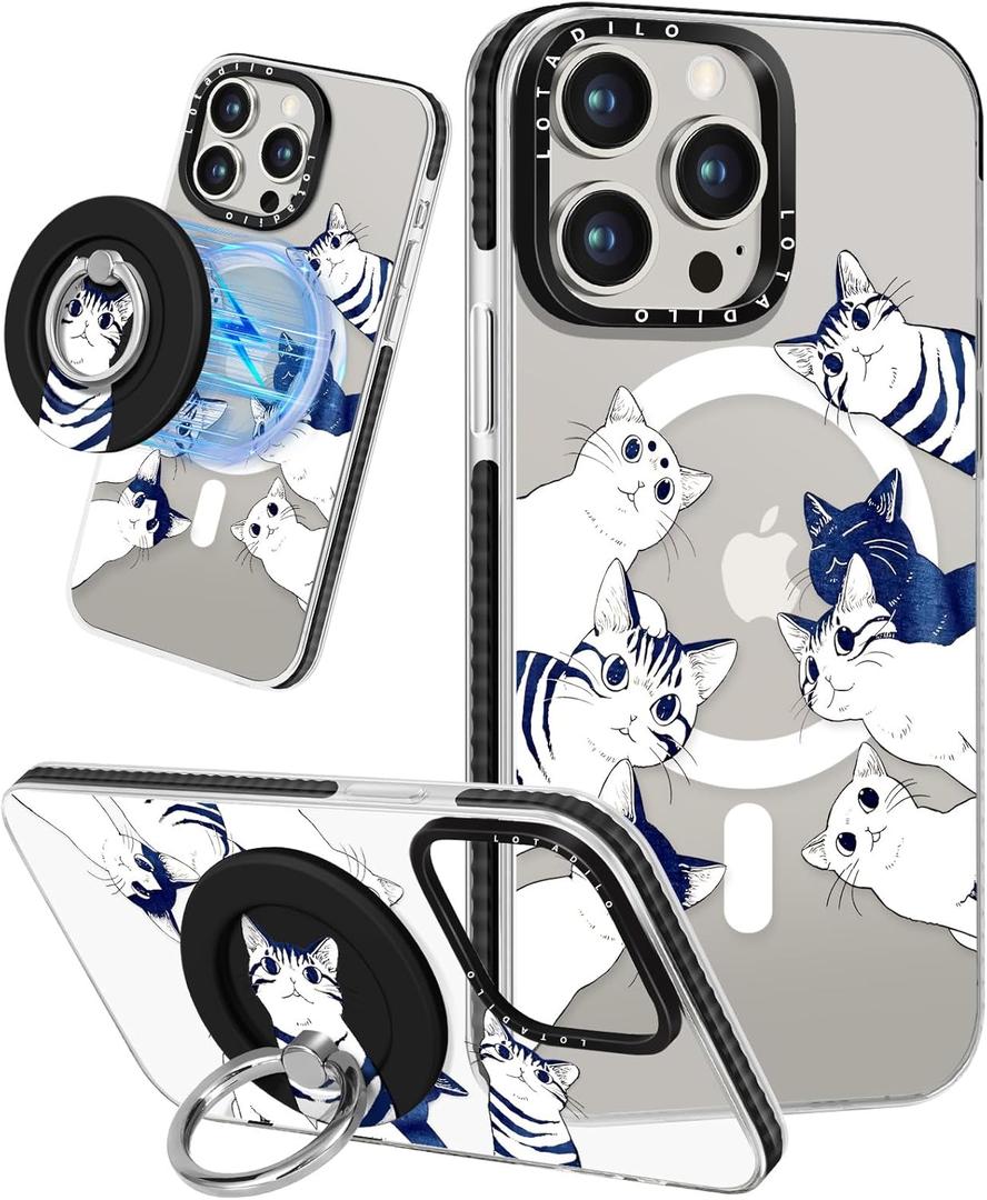 for iPhone 12 Pro Case for Women Girls - Compatible with Magsafe Cute Design Magnetic Ring Holder Stand White Cat Fashion Pattern TPU Phone Covers for iPhone 12 Pro Phone Case