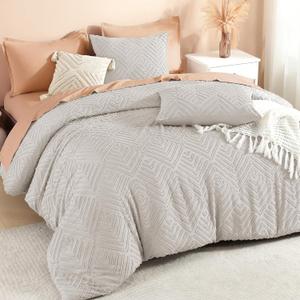 Litanika Linen Grey King Size Comforter Set, 3 Pieces Tufted Boho Farmhouse Bedding Comforter Sets, Lightweight Fluffy Comforter Bed Set for All Season (104x90In Comforter and 2 Pillowcases)