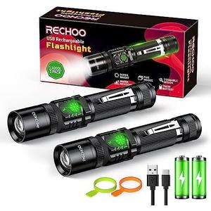 Rechoo Rechargeable Flashlights 2 Pack, RECHOO High Lumens LED Tactical Flashlight with Double Switch, Small Bright Flash Lights with 5 Modes, Zoomable, IP65 Waterproof for Camping, Hiking, Emergencies