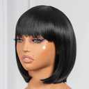 ToyoTress Brown Black Bob Wigs With Bangs - 10 Inch Yaki Straight Hair Daily Costume Wig For Black Women, Soft Short Synthetic Hair Replacement Wigs Heat Resistant (10 Inch, #2-613H)