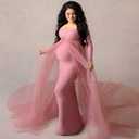 Women Off Shoulder Long Sleeve Maternity Dress Tulle Elegant Slim Fit Gown Baby Shower Photography Maxi Dress for Photo Shoot (Pink, XXL)