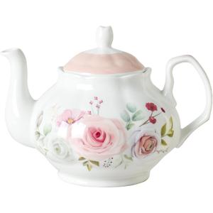 27oz Floral Porcelain Teapot, Classic Ceramic Teapot for Loose Leaf Tea & Tea Bags, Elegant Small Teapot with Rose Pattern, Dishwasher Safe