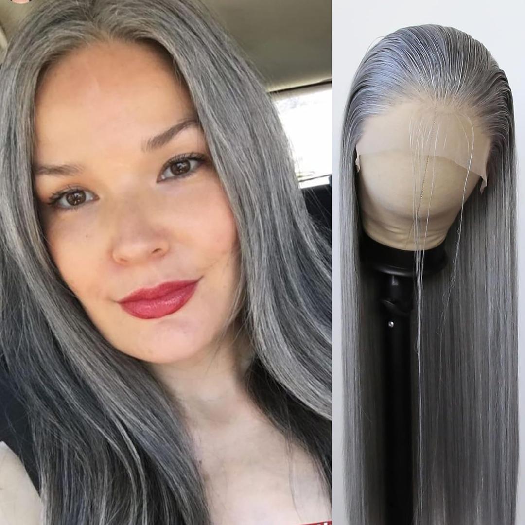 BTWTRY Gray Wig Long Straight Grandma Grey Synthetic Lace Front Wigs Pre Plucked Natural Hairline for Black Women Heat Resistant Fiber Hair Cosplay Daily Wear Wig (Grandma Grey)