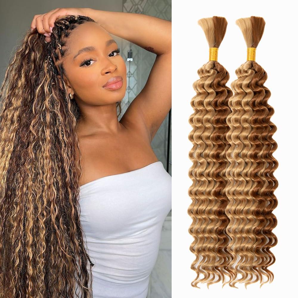 Deep Wave Bulk hair for Braiding Wet and Wavy Micro Braiding Hair No Weft Faux Deep Wave Braiding Hair Extensions for Box Boho Braids 150g with 2Bundles #27/30 (20Inch)