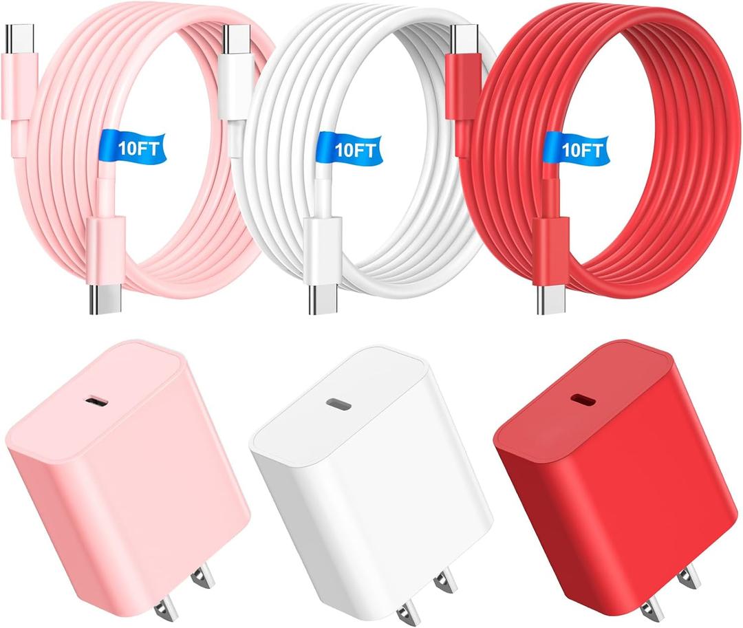 3Pack 60W 10FT USB C Charging Cable + 20W USB C Wall Charger Block - Pink White Red