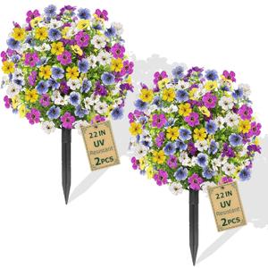 2 Pack Artificial 4 Colors Flowers Topiary Ball Tree, 22" Fake Plants with Ground Spike, UV-Resistant Faux Shrub, Realistic Artificial Colorful Bushes for Indoor/Outdoor Front Porch & Garden Decor
