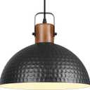 Black Pendant Light, 11.8" Hammered Metal Ceiling Hanging Light Fixture,Solid Wood Dome Pendant Lighting,Modern Industrial Chandelier for Kitchen Island, Dining Table, Restaurant, Farmhouse, Hallway