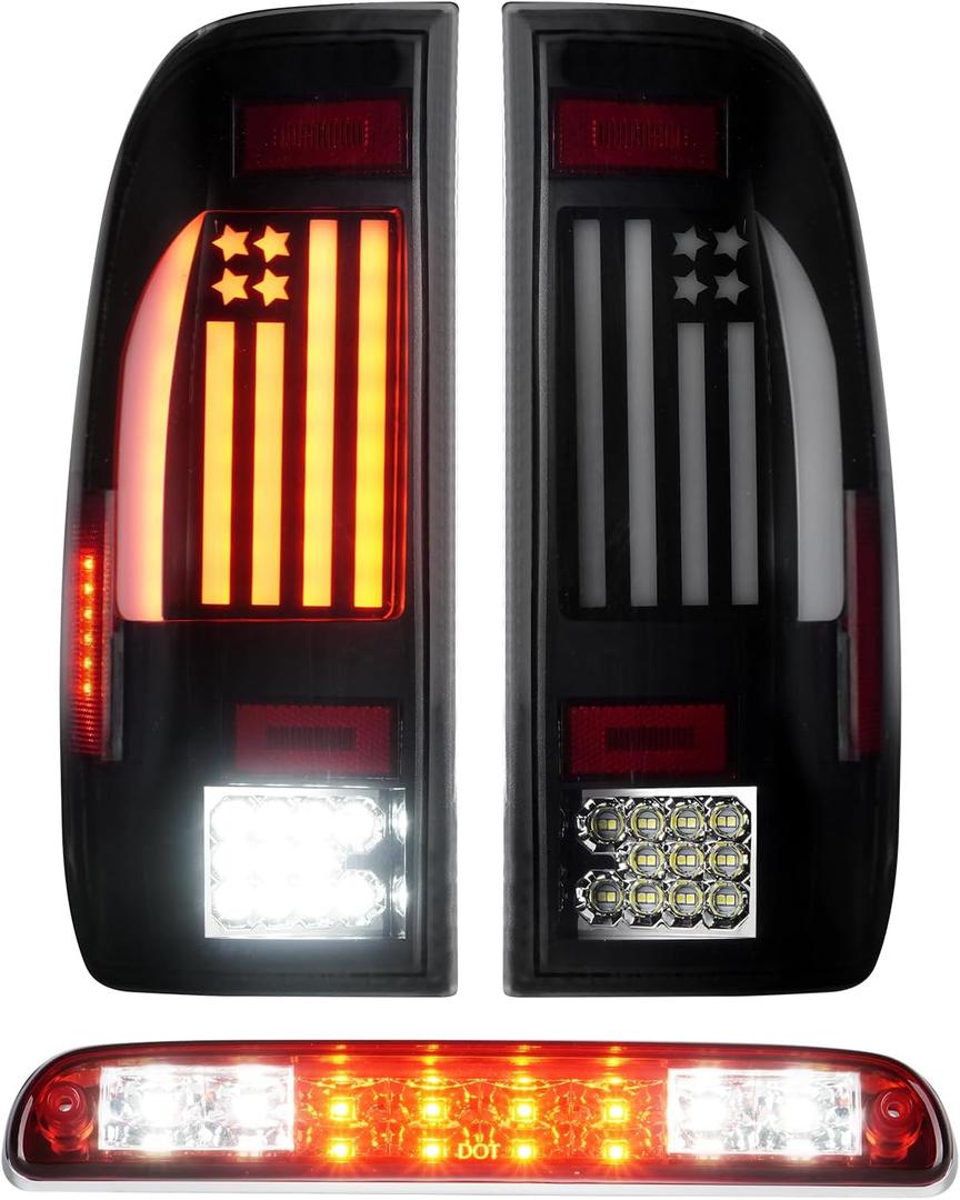 LED Tail Light + 3rd Third Brake Cargo Lamp for Ford F250 F350 F450 F550 Super Duty 1999-2007, High Mount Stop Light Rear Taillight Assembly, F85Z13405CA, F85Z13404CA, FO2800117, FO2801117