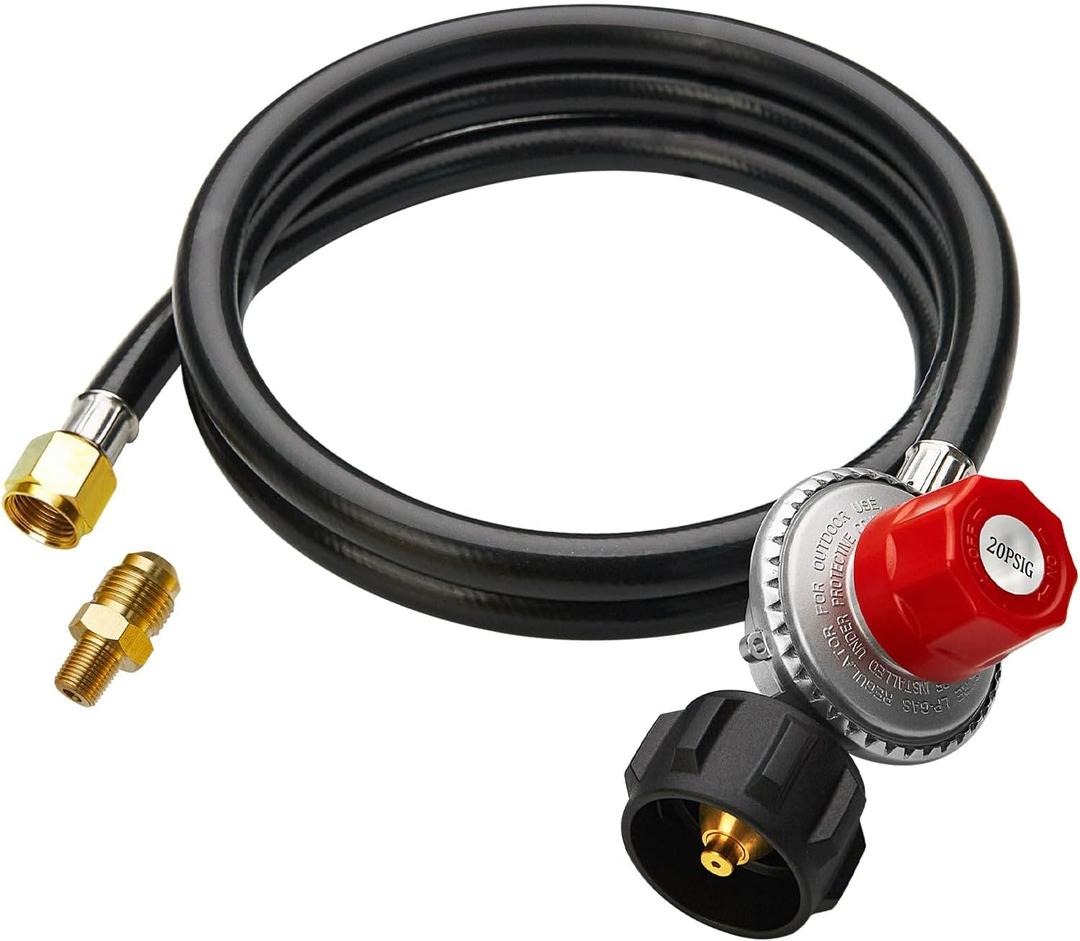 5FT High Pressure Propane Regulator Hose, 0~20PSI Adjustable Propane Tank Regulator, QCC1 & 3/8 Female, Fit for Turkey FryerFish FryerPropane BurnerFire Pit, Forge, and More (5 Feet, Rubber)