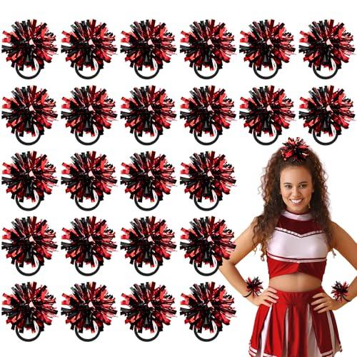 Shappy 24 Pcs 2 Color Mini Pom Poms Hair Ropes for Football Cheerleading 4 Inch Ponytail Holder for Team Spirit Sports Dance Cheer (Black Red)