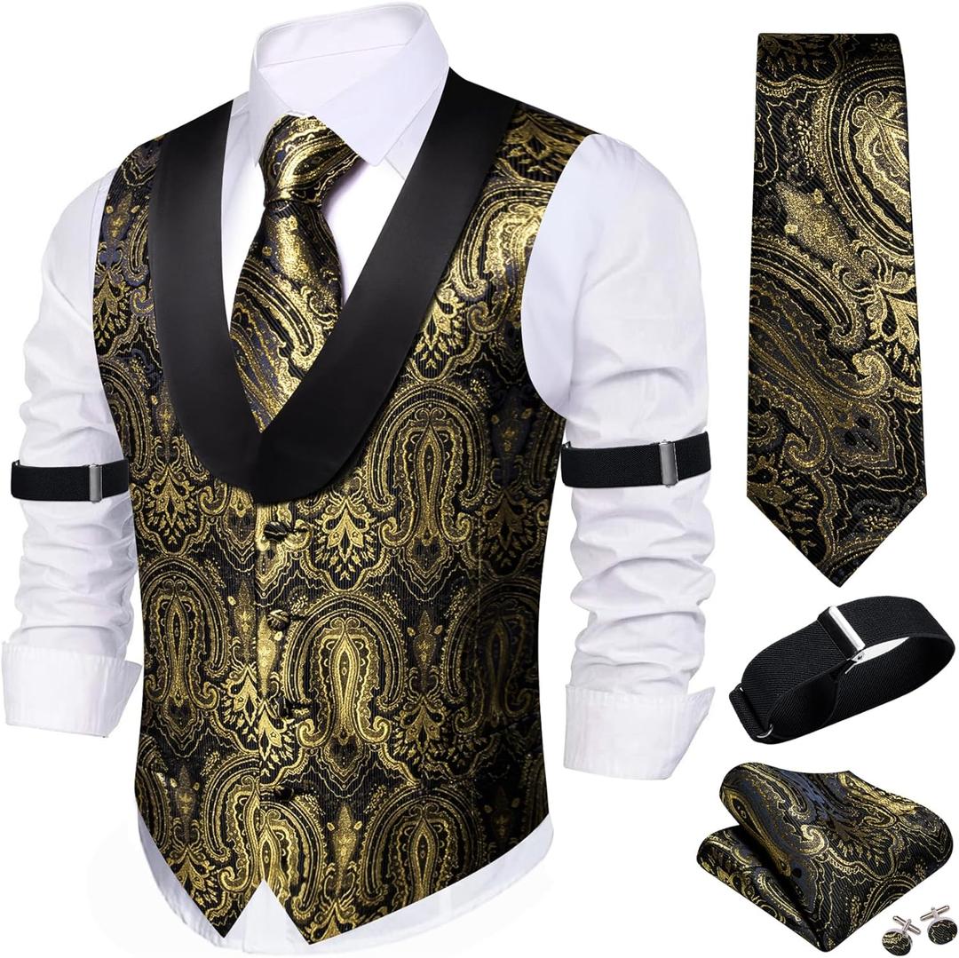 Barry.Wang Mens Silk Lapel/Shawl Collar Vest Tie Sleeve Holder Set Formal/Casual Paisley Vests Wedding Tuxedo Waistcoat (Black)