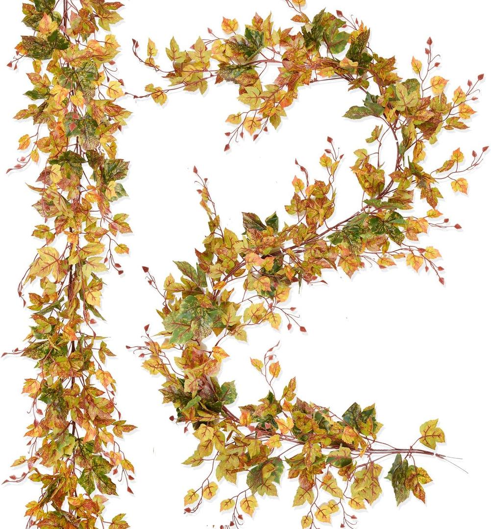 2 Pack Fall Maple Leaf Garland Clearance - 6.5ft/Piece Artificial Fall Foliage Garland Autumn Decoration for Home Wedding Halloween Party Thanksgiving