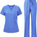 floralhue Scrubs for Women, V-Neck Scrubs Top & Cargo Pants with 12 Pockets, Yoga Waistband, 4 Way Stretch, Large