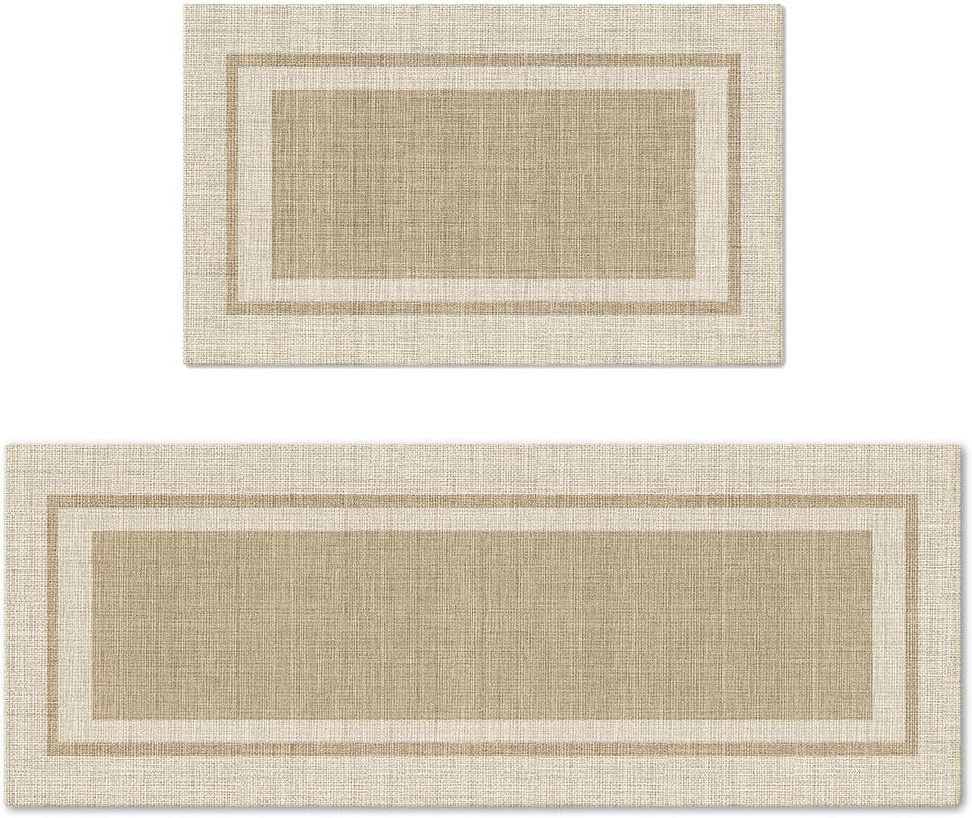 Artoid Mode Beige Absorbent Rectangle Non-Skid Kitchen Mats Set of 2, Home Mats Washable Natural Rubber Back Kitchen Rugs for Floor - 17x29 and 17x47 Inch