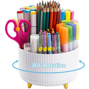 Marbrasse Desk Organizer, 360-Degree Rotating Pen Holder, Desk Organizers and Accessories with 5 Compartments Pencil Holder, Art Supply Storage Box Caddy for Office, Home (White）