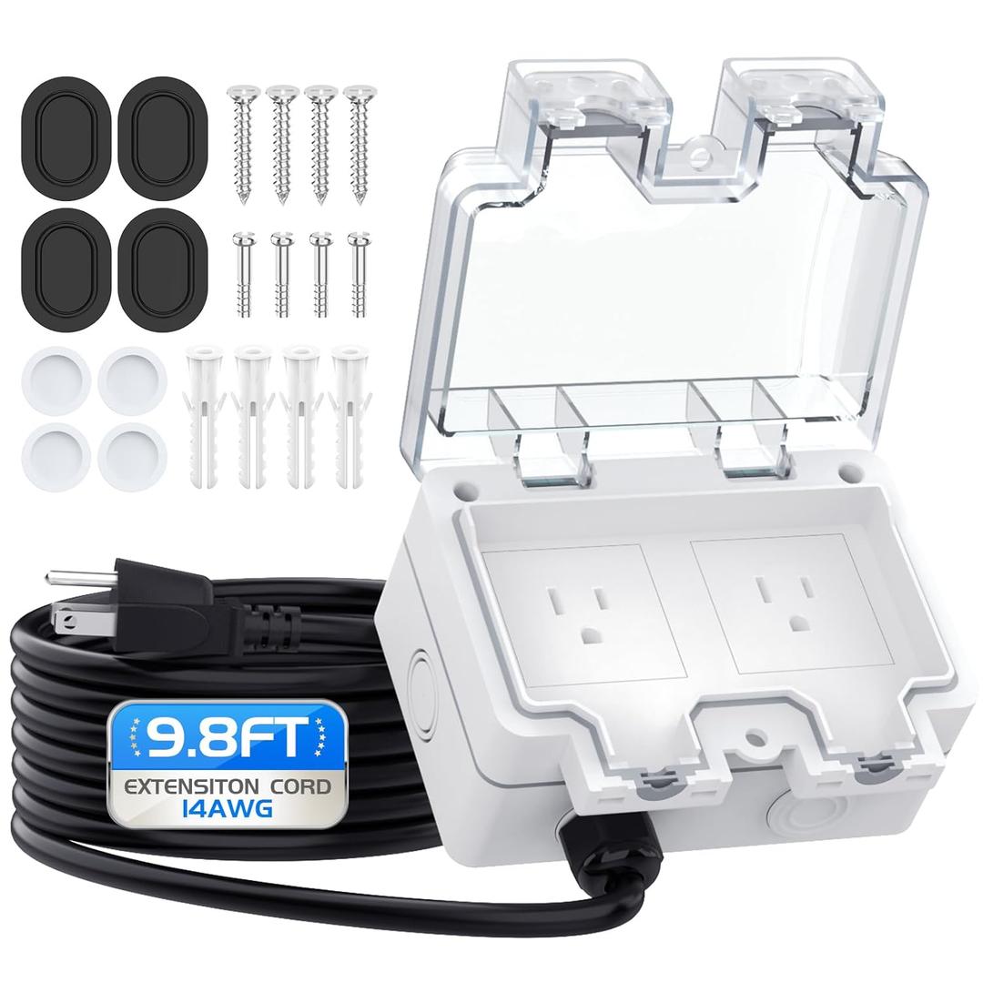 Outdoor Outlet Box with 9.8Ft Extension Cord, NEMA 5-15R,14 AWG Wire Double Socket,IP66 Waterproof Power Outlet Extender with Lockable Cover for Garden Yards Exterior Wall Power Socket