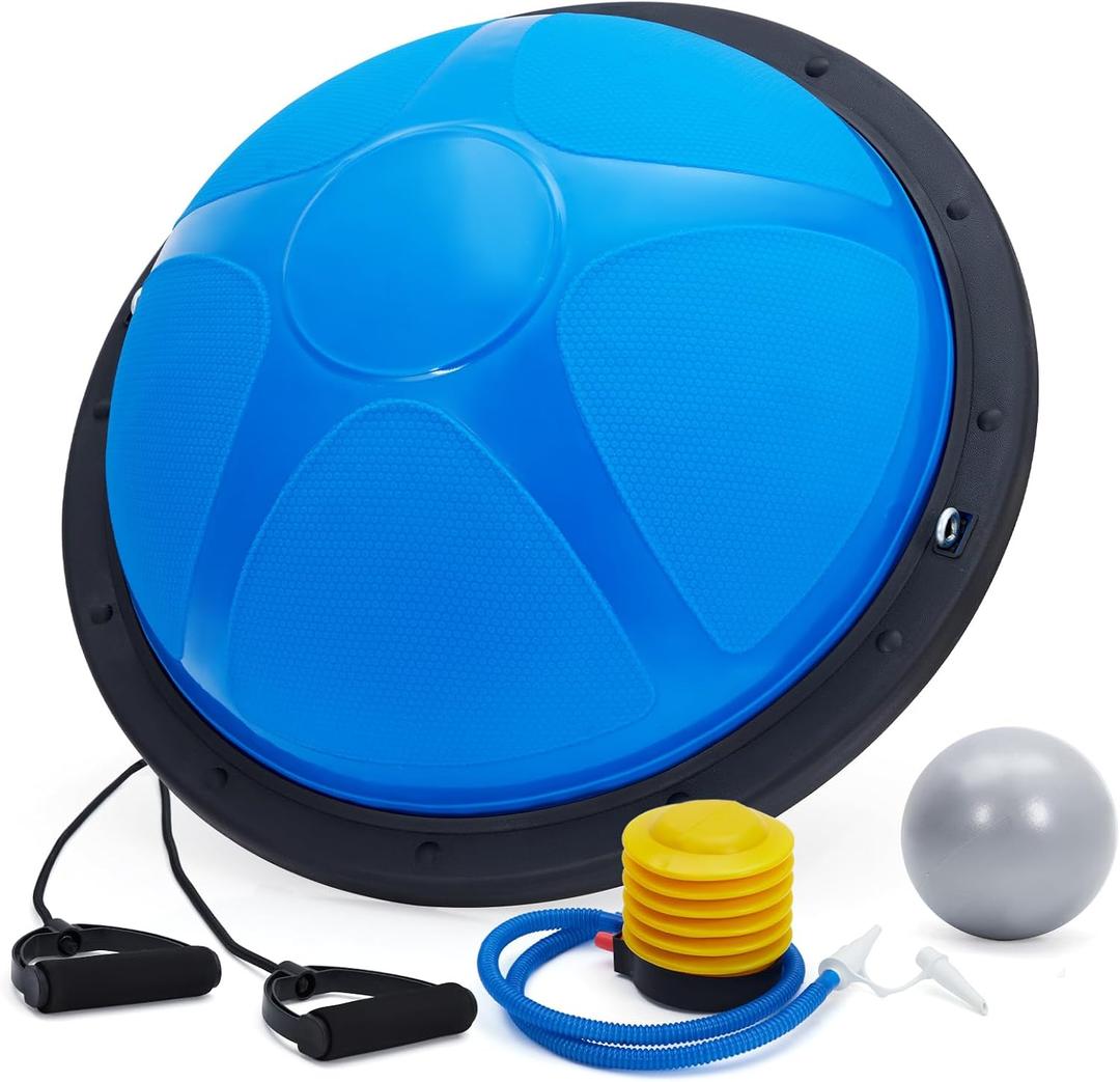 23/25In Half Balance Ball with Non-Slip Base, 1600Lb Capacity Stability Trainer for Core Workout, Includes Resistance Bands, Pump, and Bonus Ball, for Home Gym Stability Workouts