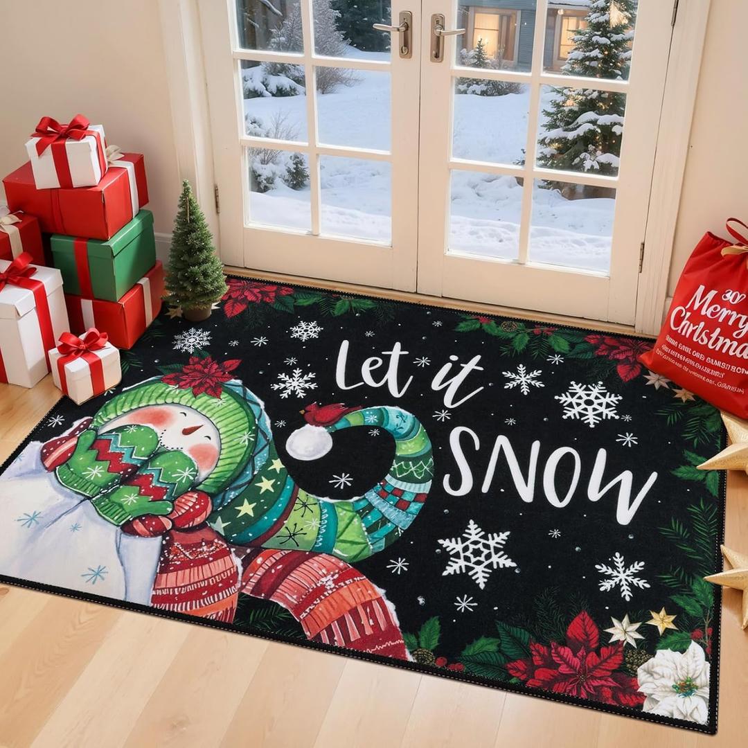 Ileading Christmas Doormat Xmas Black Snowman Non Slip Welcome Mat, Low-Profile Entryway Rug for Winter Holiday Decor, Machine Washable Oversized Switch Door Mat for Pet Home Kitchen Patio 32"x48"