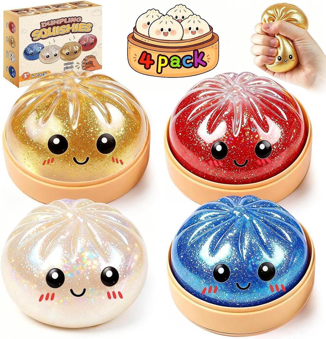 Dumpling Squishy 4 Pack, Dumpling Squishies Fidget Sensory Toys, Colorful Dumplings Stress Balls for Anxiety Relief, Bao Bun Squishy for Kids Adults Presents