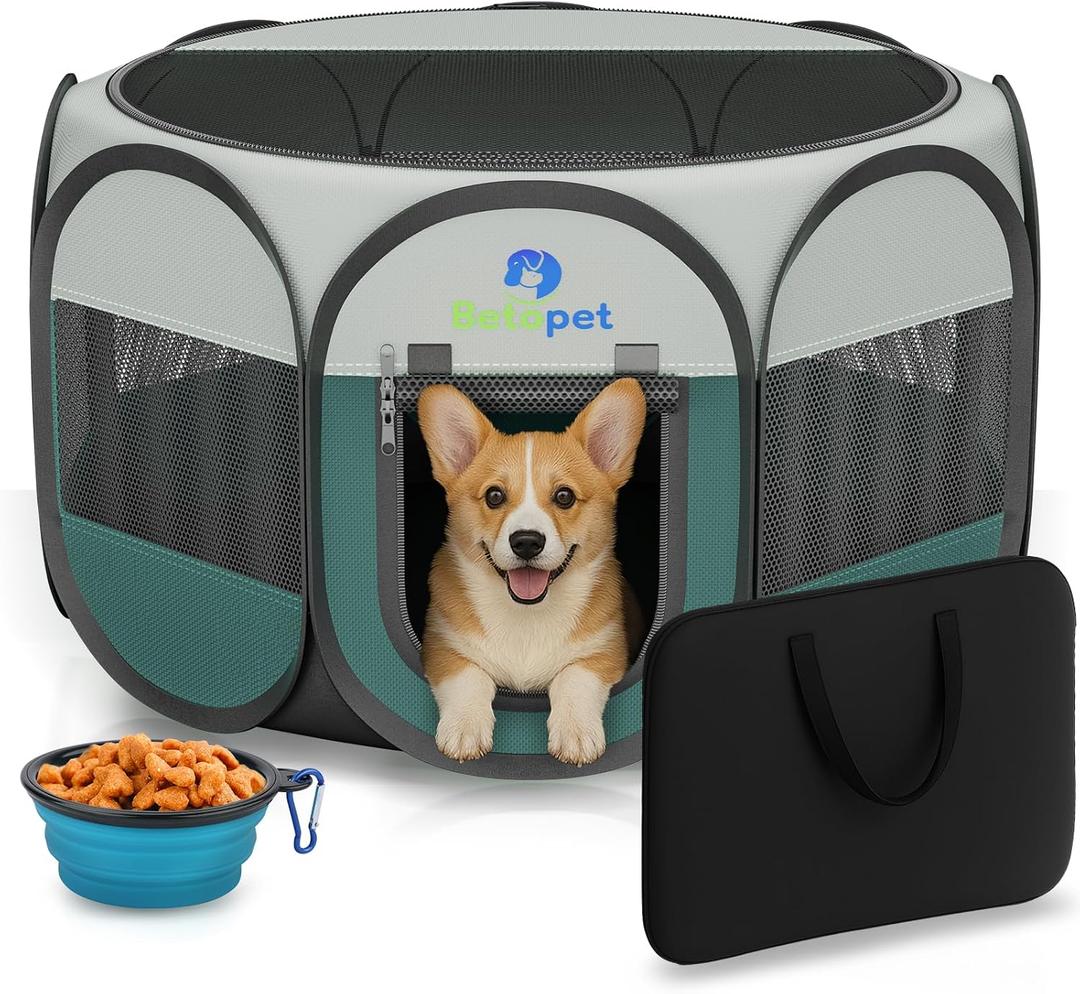 Playpen for Small Dogs Cats Crate: Puppy Play Pen Indoor Outdoor Foldable Potable Exercise Cage Pop up Kennel for Guinea Pig Rabbits Hamster Travel with Carrying Case & Food Bowl (Green, M, 1)