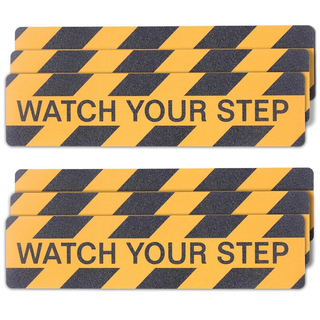 Qingluan Watch Your Step Floor Decals Stickers, 6 Pieces 6 x 24 Inch, Warning Adhesive Tape, Abrasive Anti-Slip, Indoor/Outdoor Stickers