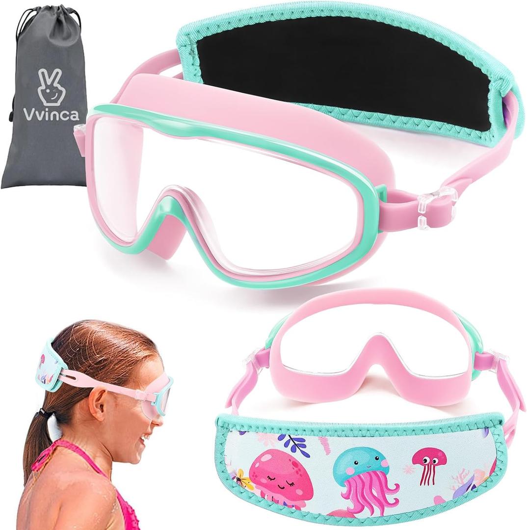 Vvinca Kids Swim Goggles with Fabric Strap No Tangle Pain-Free, Anti-Fog Swimming Pool Goggle No Leak for Toddlers Girls Boys (13-jellyfish Pink)