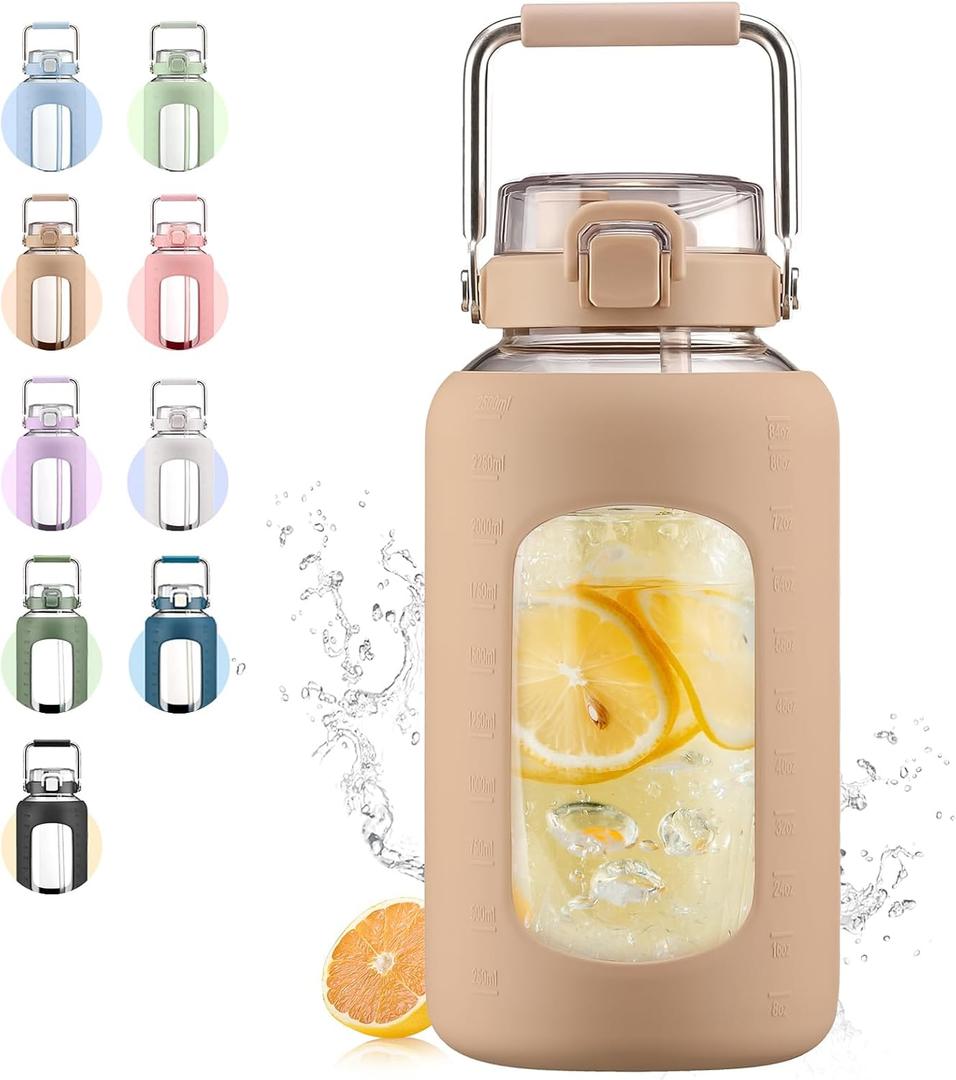 WINSA 84oz Glass Water Bottle with Stainless Steel Handle,2.4L Gallon Water Bottle with 2-IN-1 Straw Lid, Silicone Sleeve and Motivational Capacity Marker, Wide Mouth Water Jug For Gym, Workout, Amber
