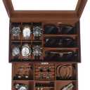 Jewelry Box for Men, 6 Slot Watch Box Jewelry Organizer With Drawer, Watch Case for Men with Large Window, 2-Layer Watch Holder, Sunglasses Storage Organizer, Velvet Lining, PU Leather, Gift Idea (Brown)