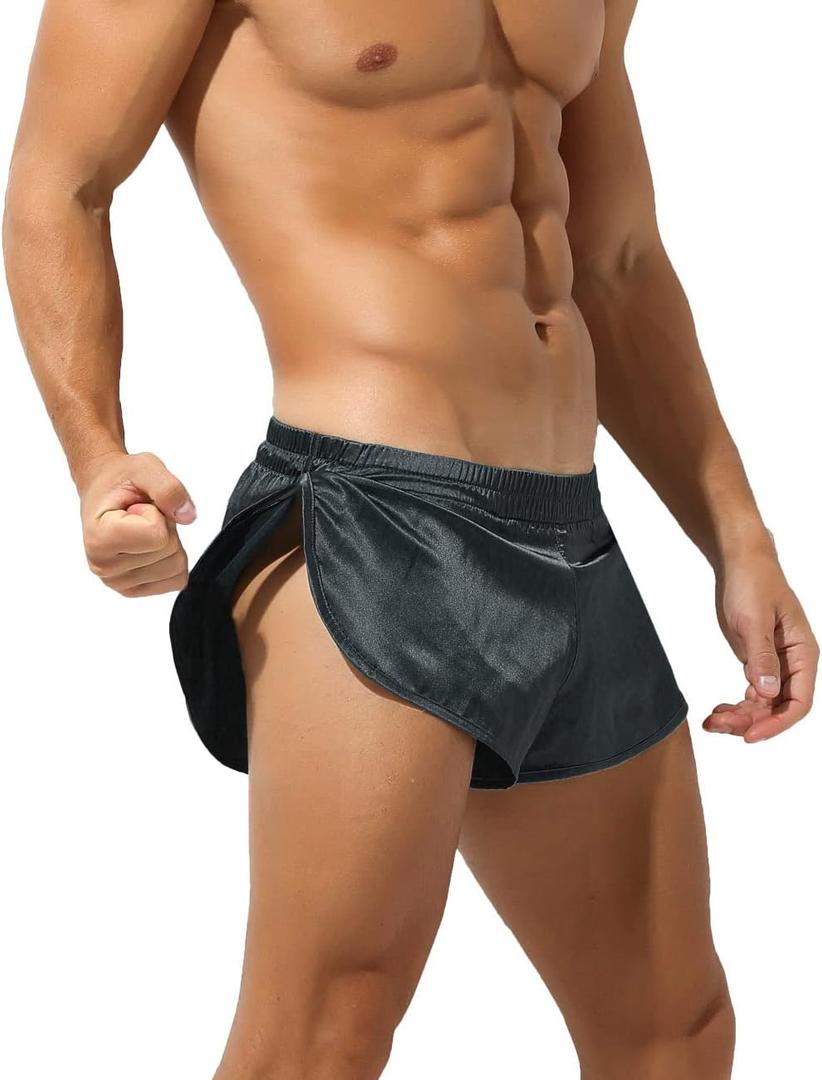 Rexcyril Men's Boxer Jockstrap Sexy Underwear, Silky Satin Split Side Gym Running Active Shorts, Black, X-Large