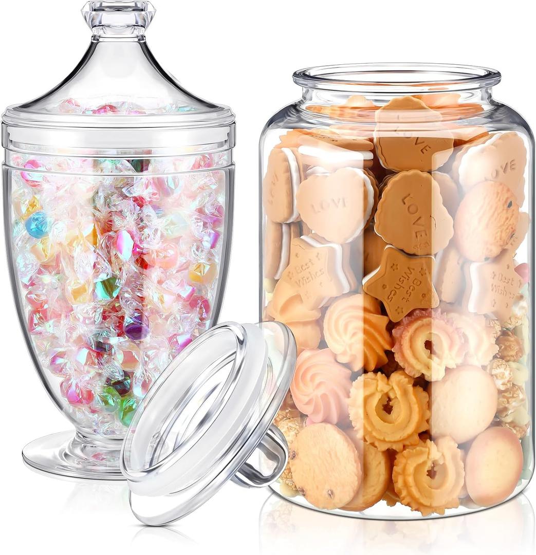 Nuogo 2 Pcs 1 Gallon Plastic Candy & Cookie Jar with Lids 128 oz Decorative Apothecary Jars Candy Buffet Containers Clear Airtight Food Storage Canister Home Decor Centerpiece (Bottle+cup Shape)
