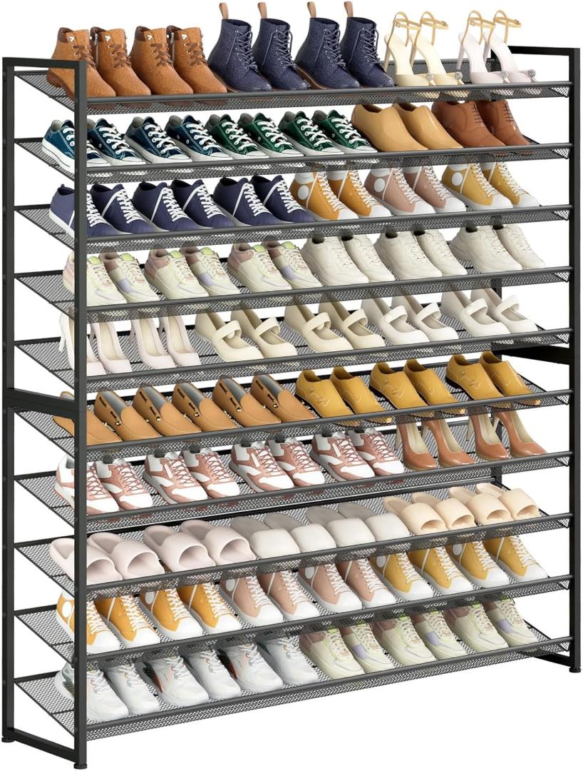 Large Shoe Rack 10 Tier Shoe Organizer, Heavy Duty Metal 5-Tier Stackable Shoe Storage Vertical Shoe Rack for Closet Front Door Entrance, Up to 62 Pairs, 44.8" W x 11.4" D x 71.2" H, Black