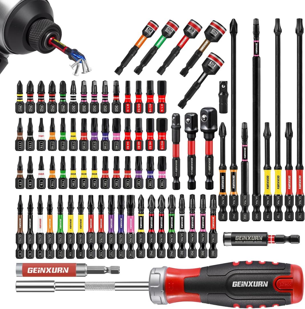 Geinxurn Impact Screwdriver Bits Set, Magnetic S2 Steel Phillips/Square/Torx/Hex 82Pieces Insert Power Bits Tips with Impact Bit Holder and Impact Nut Driver and Rachet Screwdriver Handle