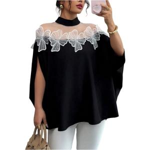 GORGLITTER Women's Mesh Flower Dolman Sleeve Blouses Dressy Casual Mock Neck Summer Patchwork Dress Blouses Shirts (Large, Black)