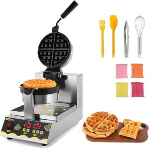Dyna-Living Belgian Waffle Maker Commercial Intelligent Round Waffle Maker Rotating 180 Nonstick Flip Waffle Iron Machine Professional Commercial Waffle Maker for Restaurant 110V 1200W (Silver)