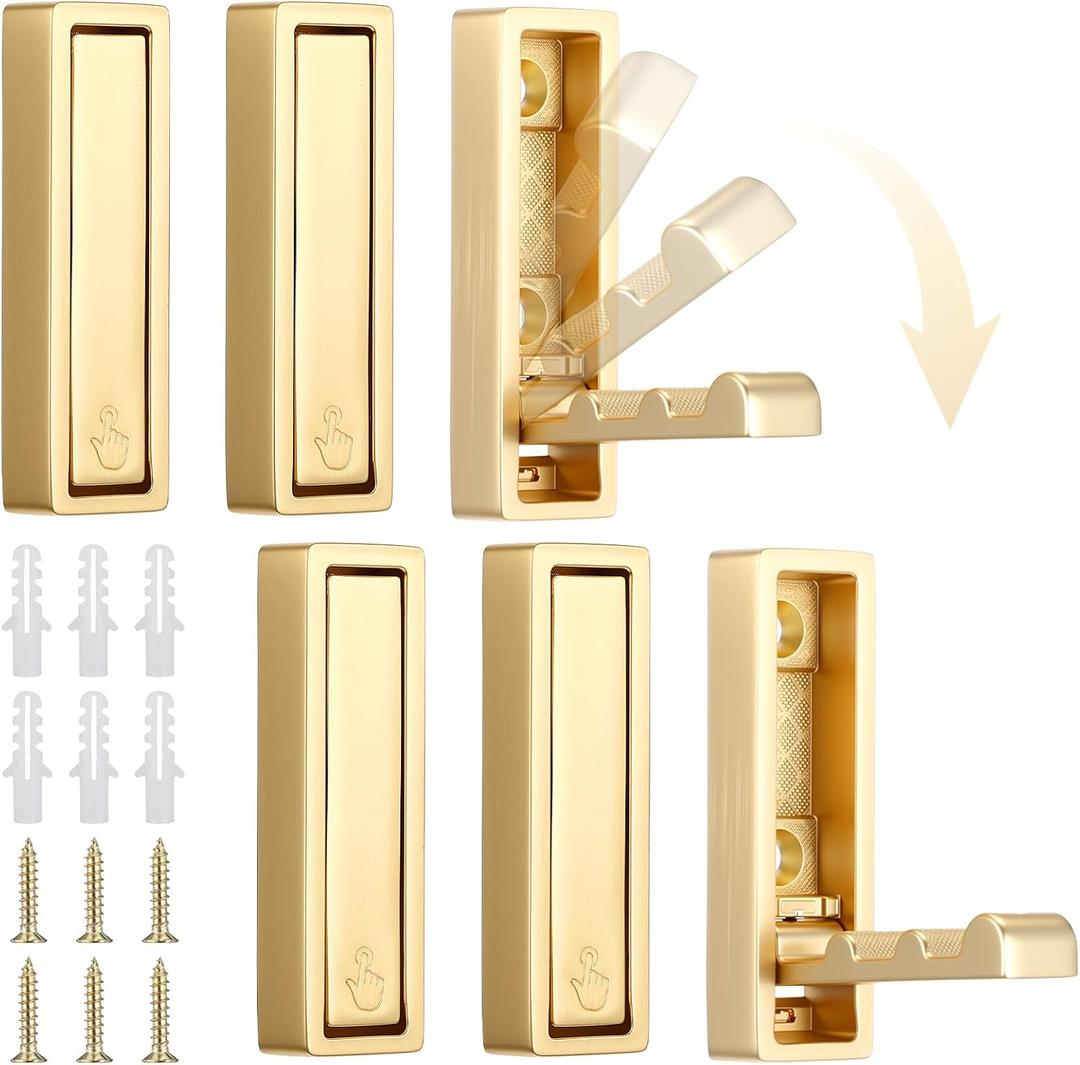 6Pcs Folding Coat Hook, Heavy Duty Wall Hooks Made of Zinc Alloy, Fold Up Hooks for Bathroom, Closet, Entryway, Pool and Kitchen, Easy Install with Screws (Gold)