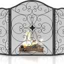 Fireplace Screen 3 Panel Wrought Iron 50"(L) x 36"(H) Modern Stylish Foldable Safety Fire Place Fence Spark Guard Cover Black