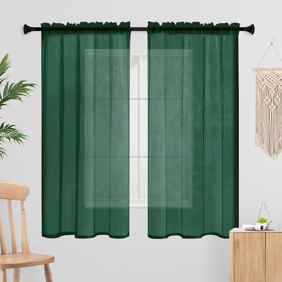 Sheer Curtains 63 Inches Long 2 Panels, Rod Pocket Short Curtain for Kitchen, Bedroom, Cafe Window(Foliage Green 38" W x 63" L)