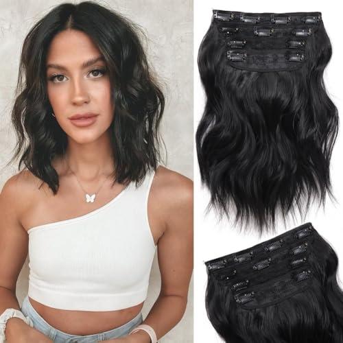 Clip in Hair Extensions 4PCS Black Hair Extensions Clip ins for Women 10 Inch Body Wave Short Wavy Hair Thick Syntheitc Hairpieces