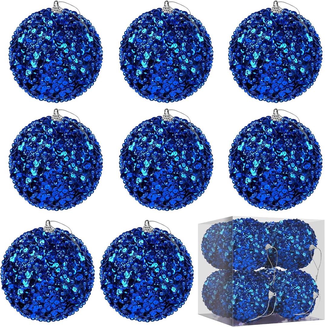 MCEAST 8 Pieces 4 Inches Christmas Ball Ornaments Sequin Glitter Ball Decorative Xmas Baubles Set Festive Hanging Ornaments for Xmas Tree House Holiday Wedding Party Decoration, Royal Blue