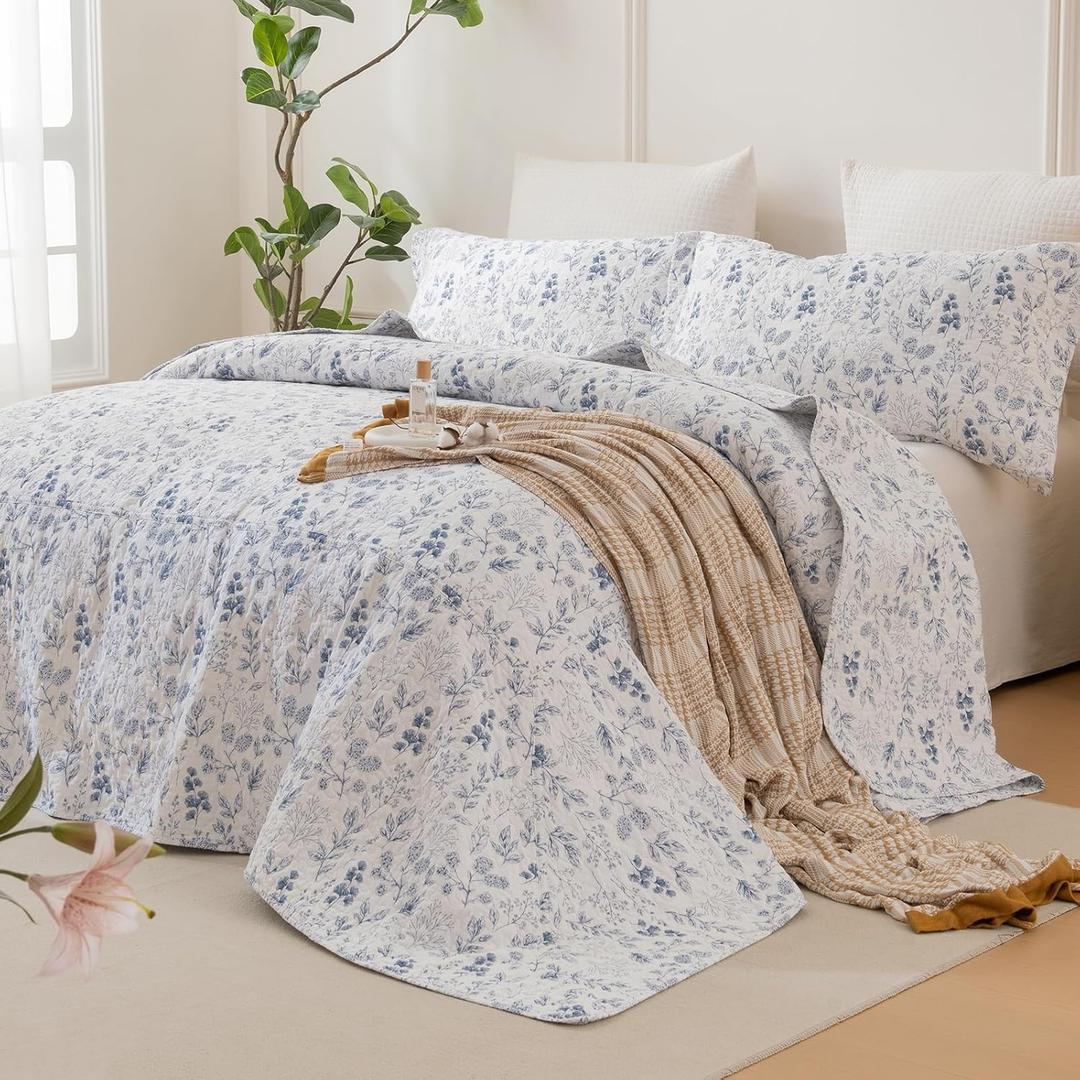 Sanracie Oversized King Bedspread 120"x120", 100% Cotton White and Blue Floral Quilted Bedspread Set 3Pcs Soft Breathable Shabby French Country Chic Vintage Garden Floral Bedding Set for All Season