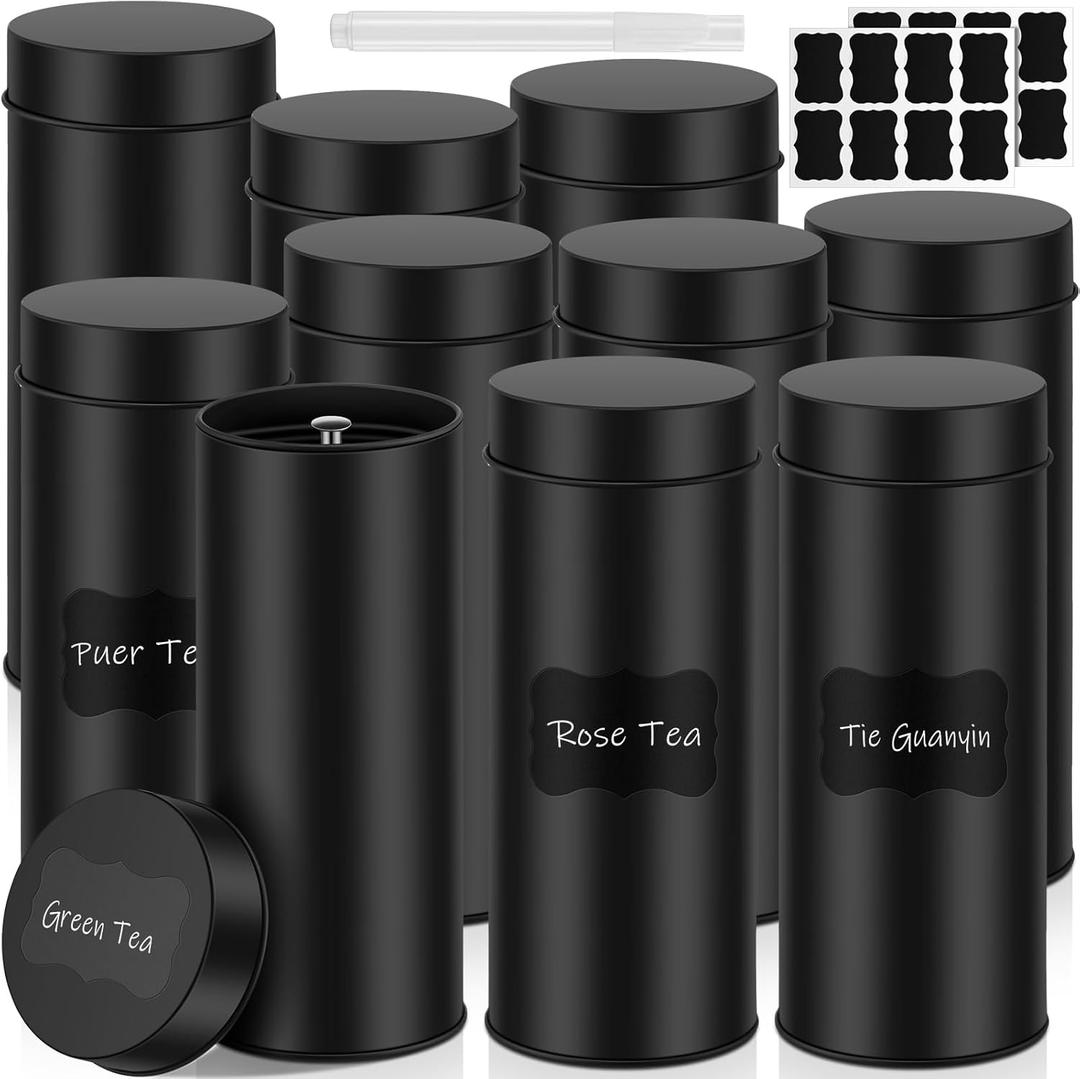 Tanlade 10 Pcs Tea Tin Canister 23oz Metal Round Cans with Airtight Lid Double Sealed Loose Leaf Tea Storage Containers with 1 Erasable Chalk Marker and 16 Stickers for Coffee Sugar Spices