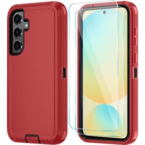 ONOLA Phone Case for Samsung Galaxy S24 FE Case with HD Screen Protector, Heavy Duty Shockproof & Dropproof 3-Layer Cover Phone Case for Galaxy S24 FE 6.7'',RedBlack