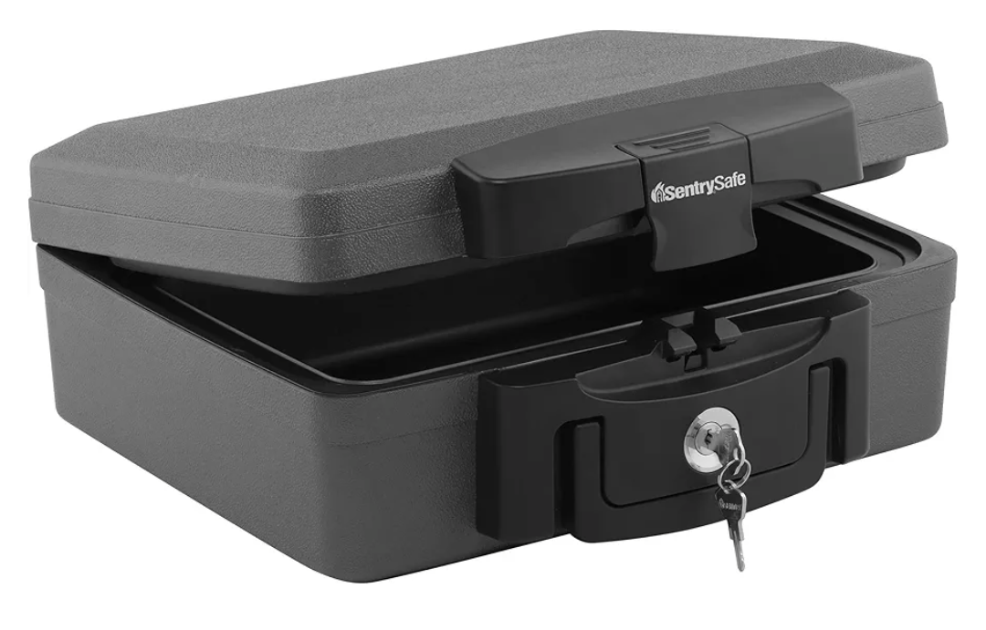 SentrySafe Fireproof and Waterproof Safe, Black Portable Lock Box with Key Lock and Carrying Handle for Money, Passport, Exterior: 14.3 in W x 13 in D x 6.1 in H, ‎H0100