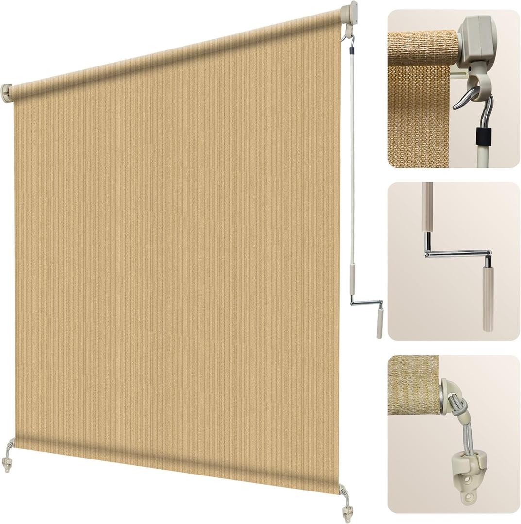 Artpuch Outdoor Roller Shade 7' W x 6' H, Sesame Exterior Cordless Patio Shades Roll Up Blinds with Spliced Pole Design, (2 Poles, One-Piece Fabric), 84"W x 72"H