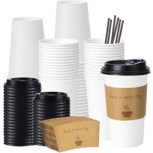 BYSNOW 50 Pack 20 oz Disposable Paper Coffee Cups, Paper To Go Cups with Lids, Sleeve and Straw, Hot Paper Cups for Home, Office and Party (White 20oz)