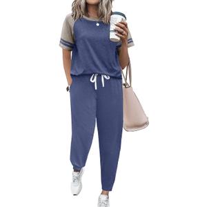 Ekouaer Lounge Sets for Women Two Piece Pajama Set Short Sleeve Crewneck Jogger Outfits and Sweatpants Tracksuit with Pockets (Medium, Navy Army)